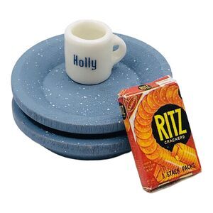 VTG Dollhouse Miniature Platters Ceramic Mug Holly Ritz Crackers Box Dining